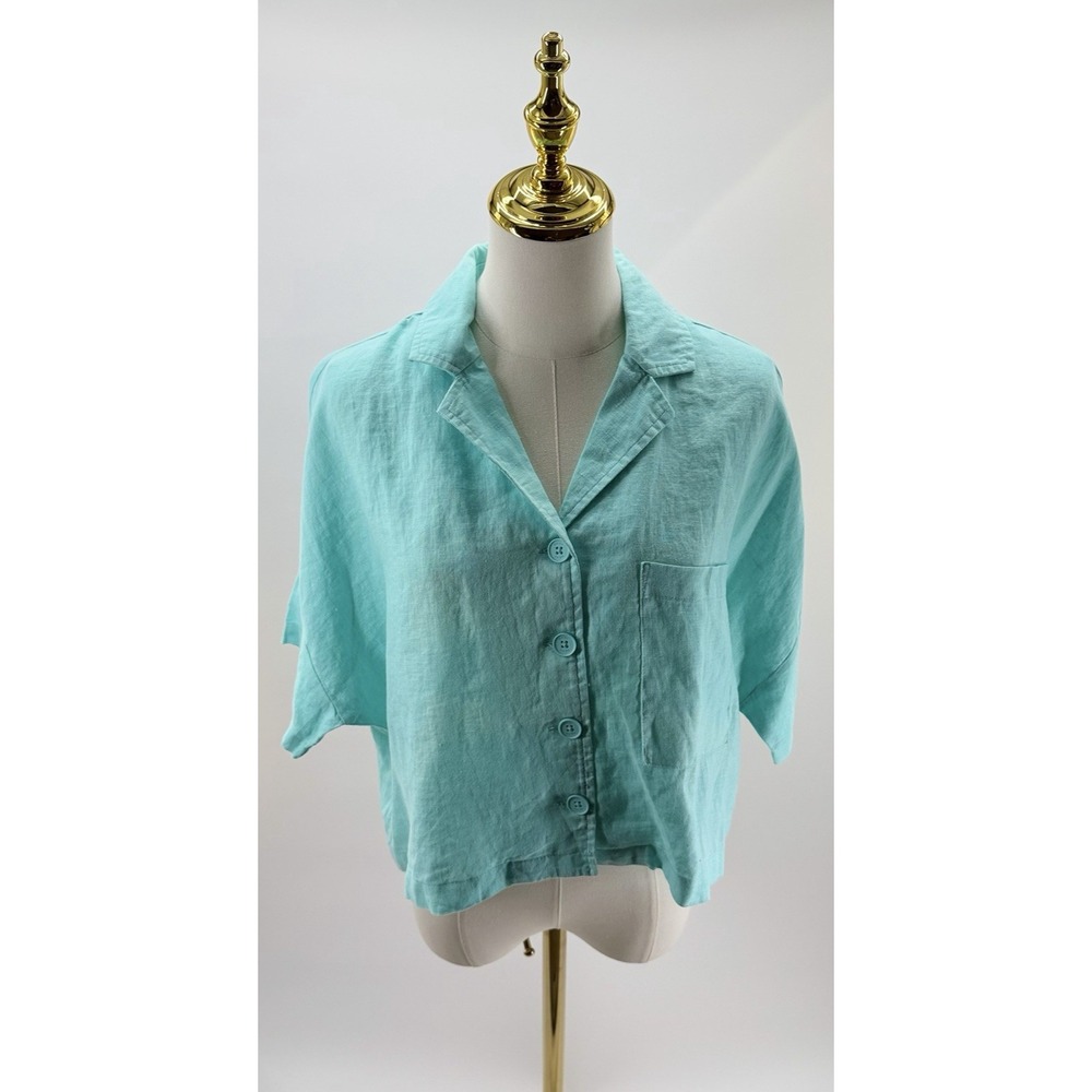 DKNY Linen Button Up Dolman Sleeves Seafoam Green Camp Shirt Small S **See Notes